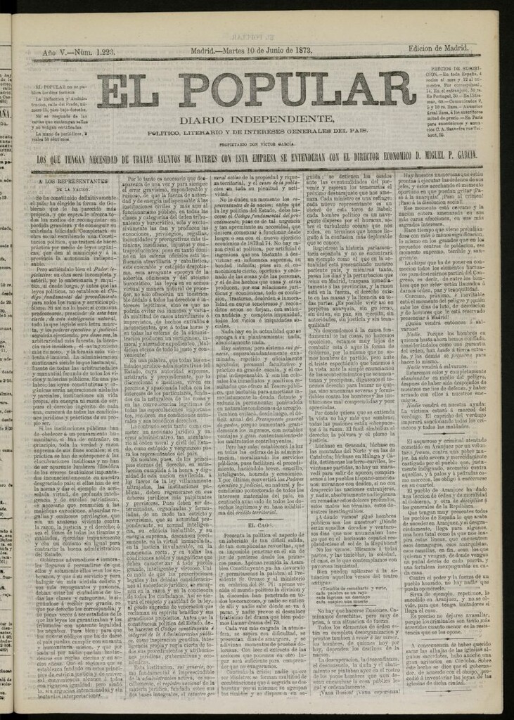 Miniatura de El Popular: diario independiente, político, literario y de noticias de interés general del 10 de junio de 1873, nº 1223