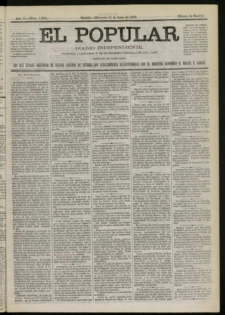 Miniatura de El Popular: diario independiente, político, literario y de noticias de interés general del 11 de junio de 1873, nº 1224