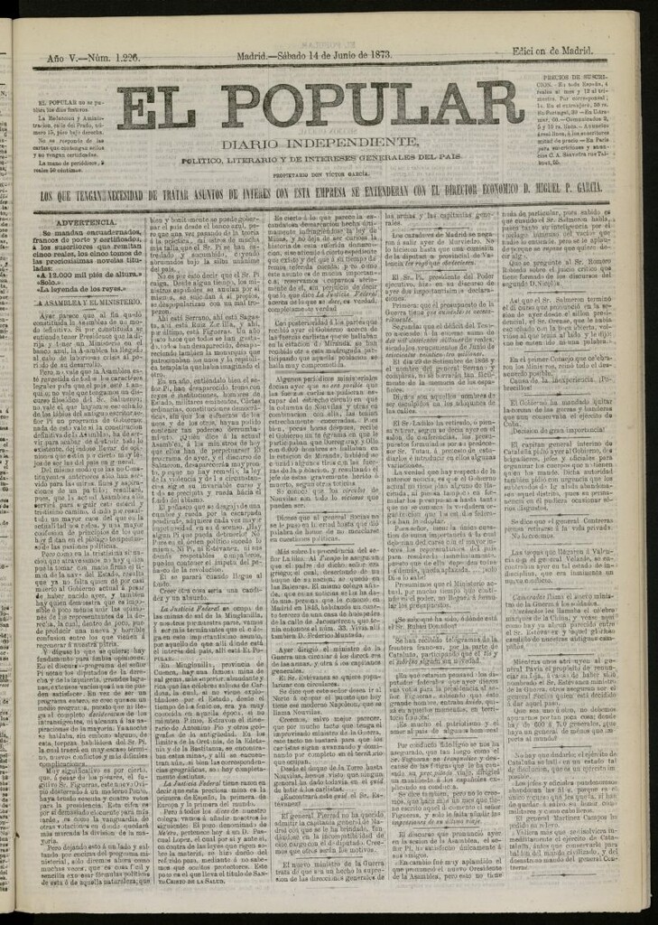 Miniatura de El Popular: diario independiente, político, literario y de noticias de interés general del 14 de junio de 1873, nº 1226