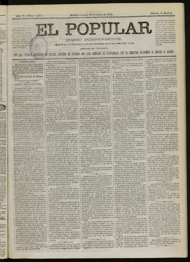 Miniatura de El Popular: diario independiente, político, literario y de noticias de interés general del 16 de junio de 1873, nº 1227