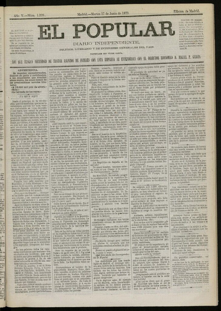 Miniatura de El Popular: diario independiente, político, literario y de noticias de interés general del 17 de junio de 1873, nº 1228