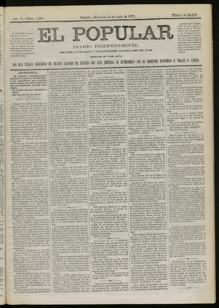 Miniatura de El Popular: diario independiente, político, literario y de noticias de interés general del 18 de junio de 1873, nº 1229