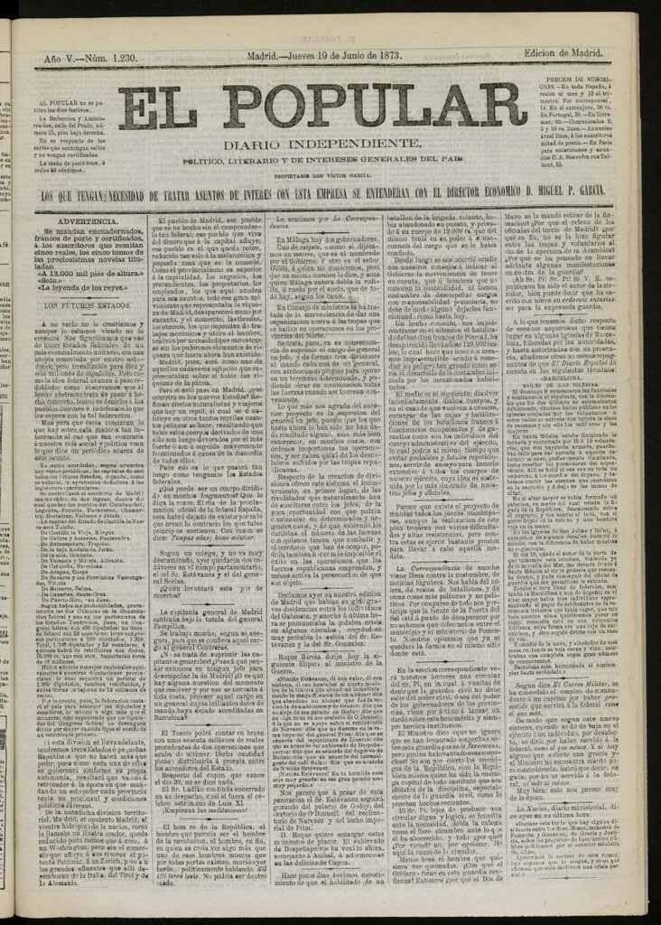 Miniatura de El Popular: diario independiente, político, literario y de noticias de interés general del 19 de junio de 1873, nº 1230