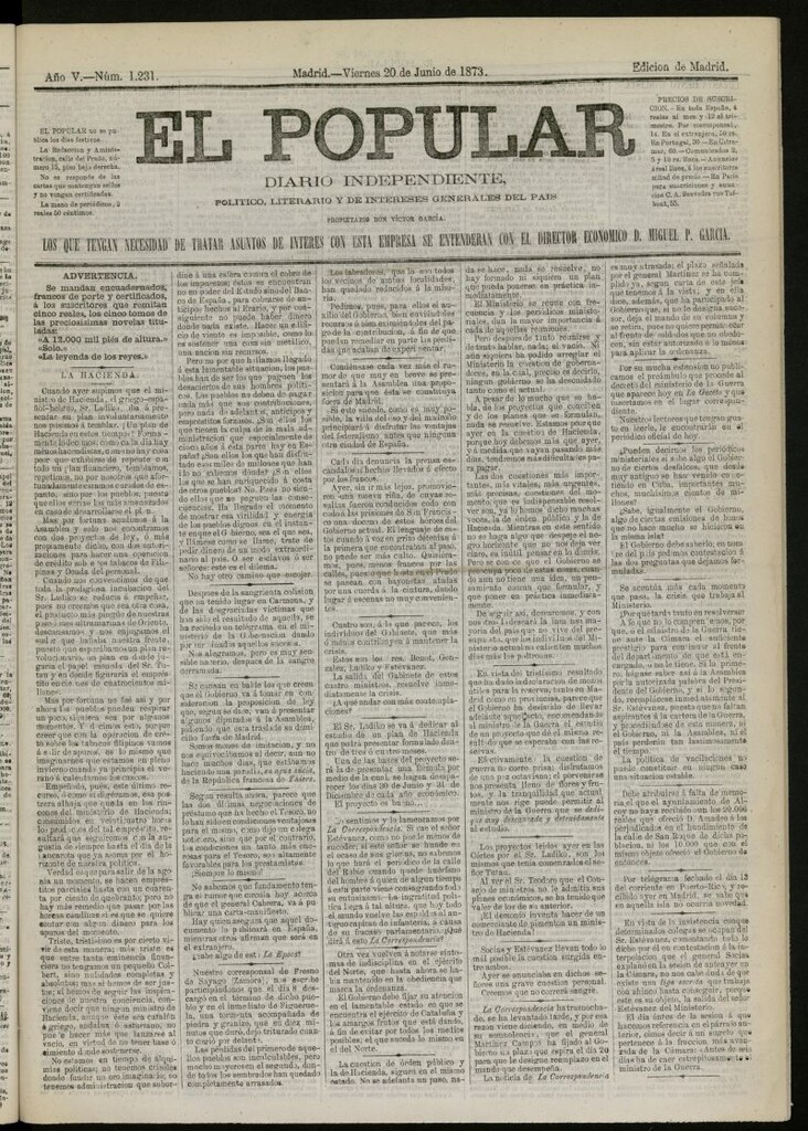 Miniatura de El Popular: diario independiente, político, literario y de noticias de interés general del 20 de junio de 1873, nº 1231