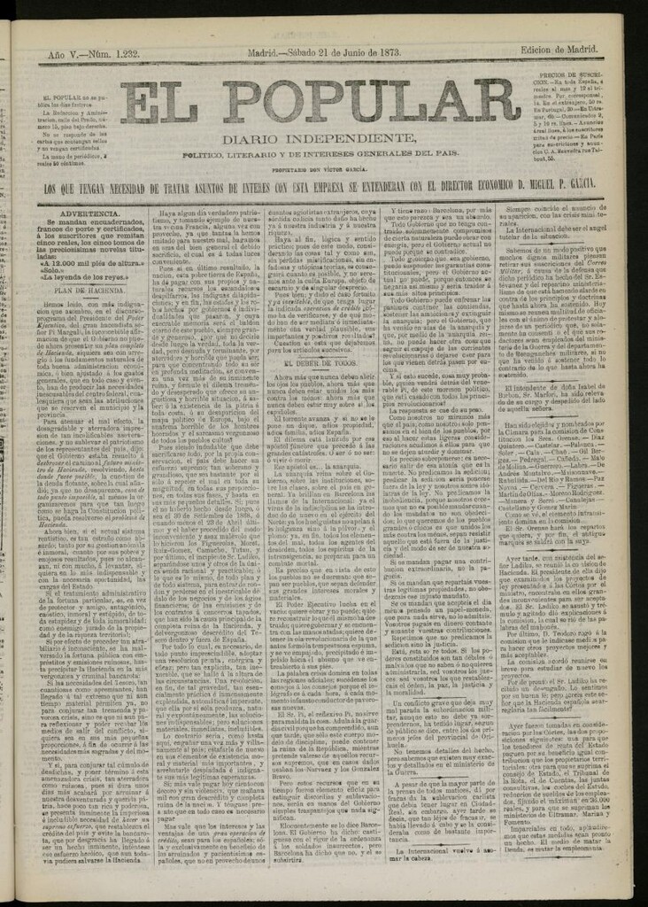 Miniatura de El Popular: diario independiente, político, literario y de noticias de interés general del 21 de junio de 1873, nº 1232