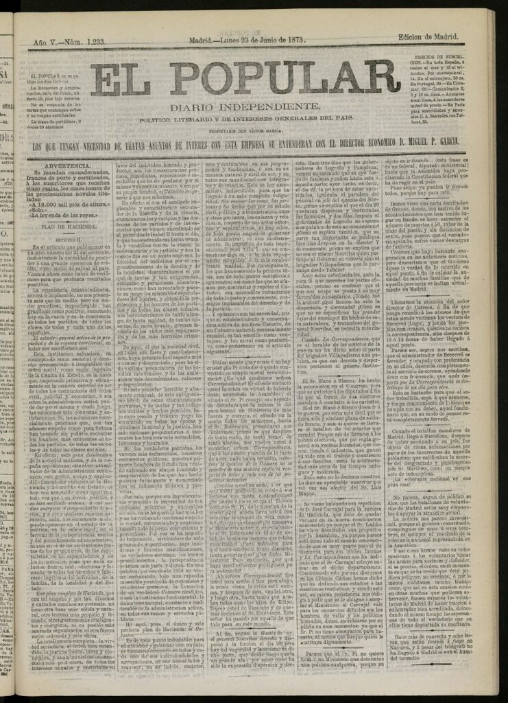 Miniatura de El Popular: diario independiente, político, literario y de noticias de interés general del 23 de junio de 1873, nº 1233
