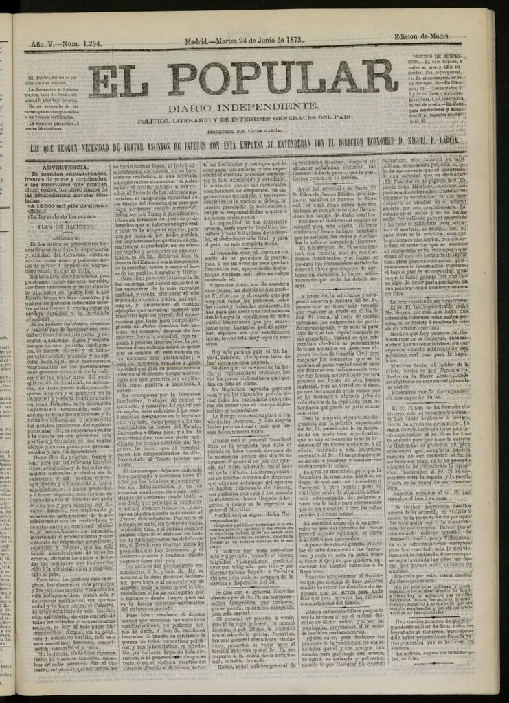 Miniatura de El Popular: diario independiente, político, literario y de noticias de interés general del 24 de junio de 1873, nº 1234
