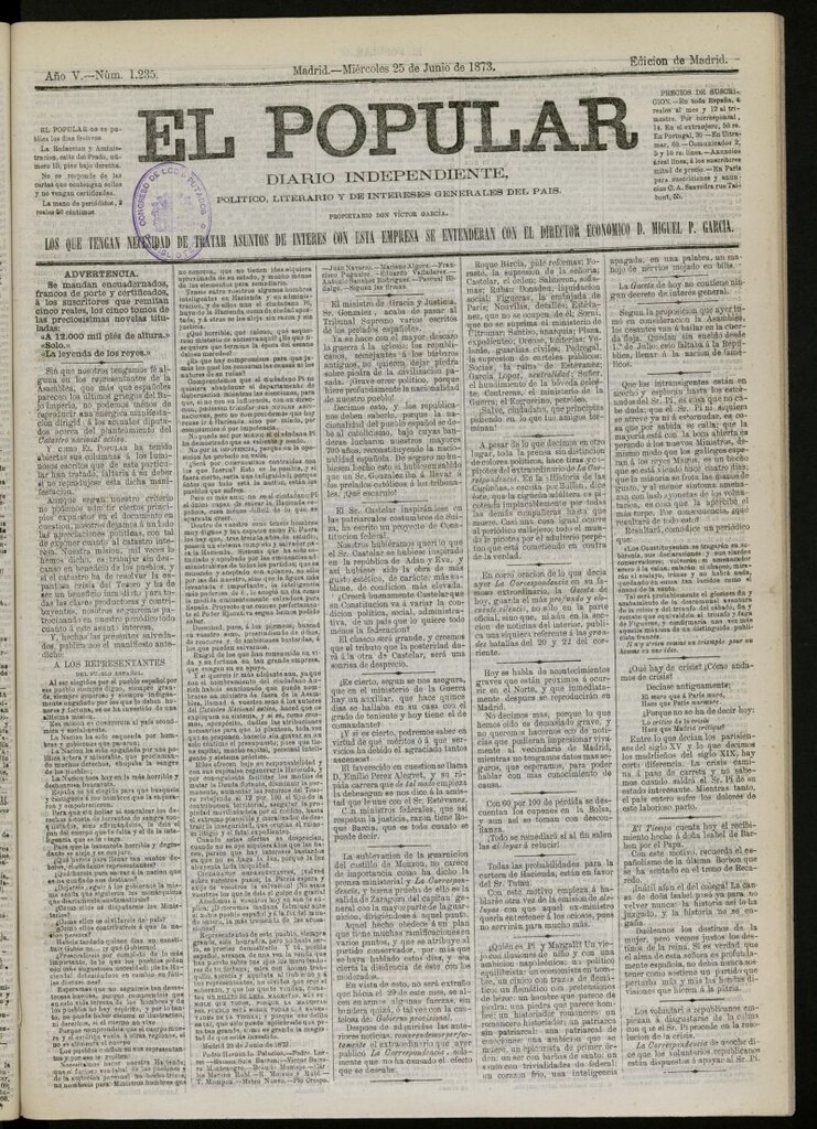 Miniatura de El Popular: diario independiente, político, literario y de noticias de interés general del 25 de junio de 1873, nº 1235