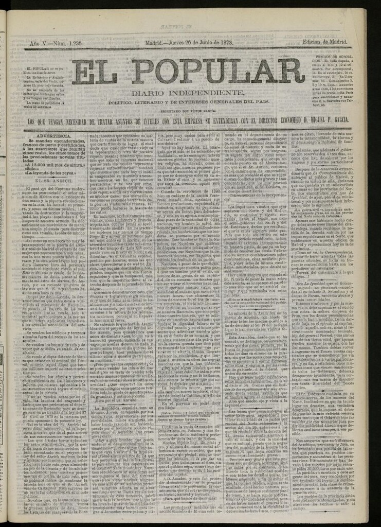 Miniatura de El Popular: diario independiente, político, literario y de noticias de interés general del 26 de junio de 1873, nº 1236