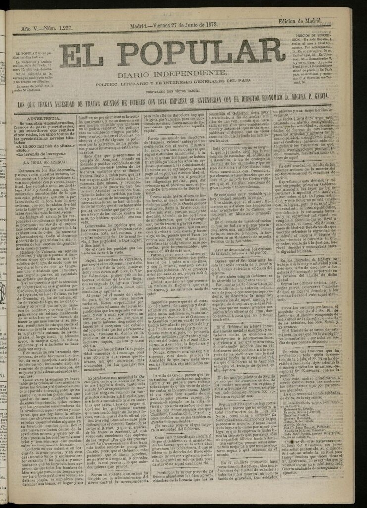 Miniatura de El Popular: diario independiente, político, literario y de noticias de interés general del 27 de junio de 1873, nº 1237