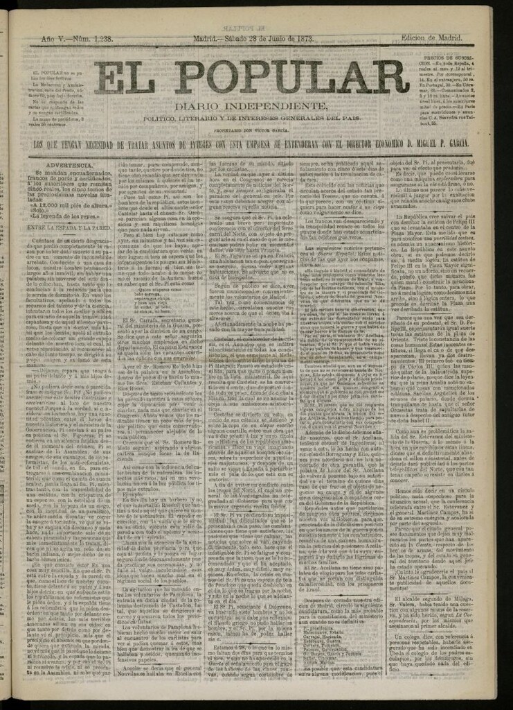 Miniatura de El Popular: diario independiente, político, literario y de noticias de interés general del 28 de junio de 1873, nº 1238