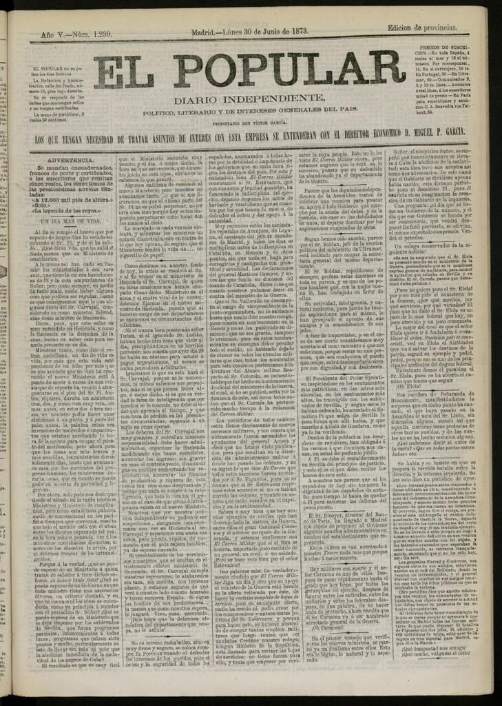 Miniatura de El Popular: diario independiente, político, literario y de noticias de interés general del 30 de junio de 1873, nº 1239