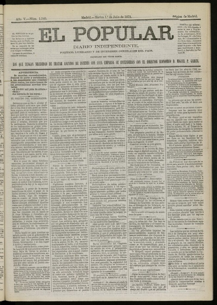 Miniatura de El Popular: diario independiente, político, literario y de noticias de interés general del 1 de julio de 1873, nº 1240