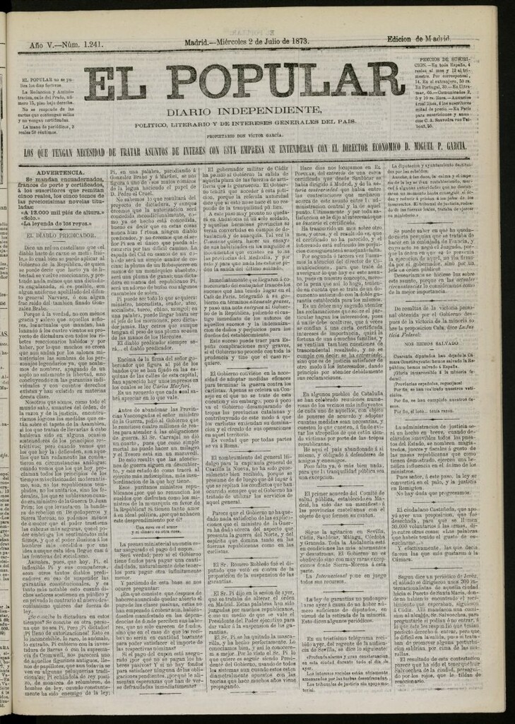 Miniatura de El Popular: diario independiente, político, literario y de noticias de interés general del 2 de julio de 1873, nº 1241