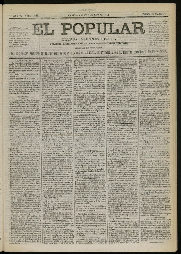 Miniatura de El Popular: diario independiente, político, literario y de noticias de interés general del 4 de julio de 1873, nº 1243