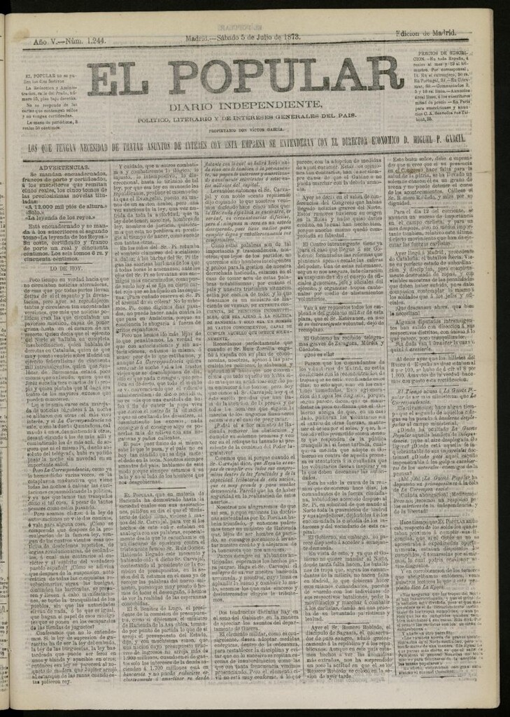 Miniatura de El Popular: diario independiente, político, literario y de noticias de interés general del 5 de julio de 1873, nº 1244