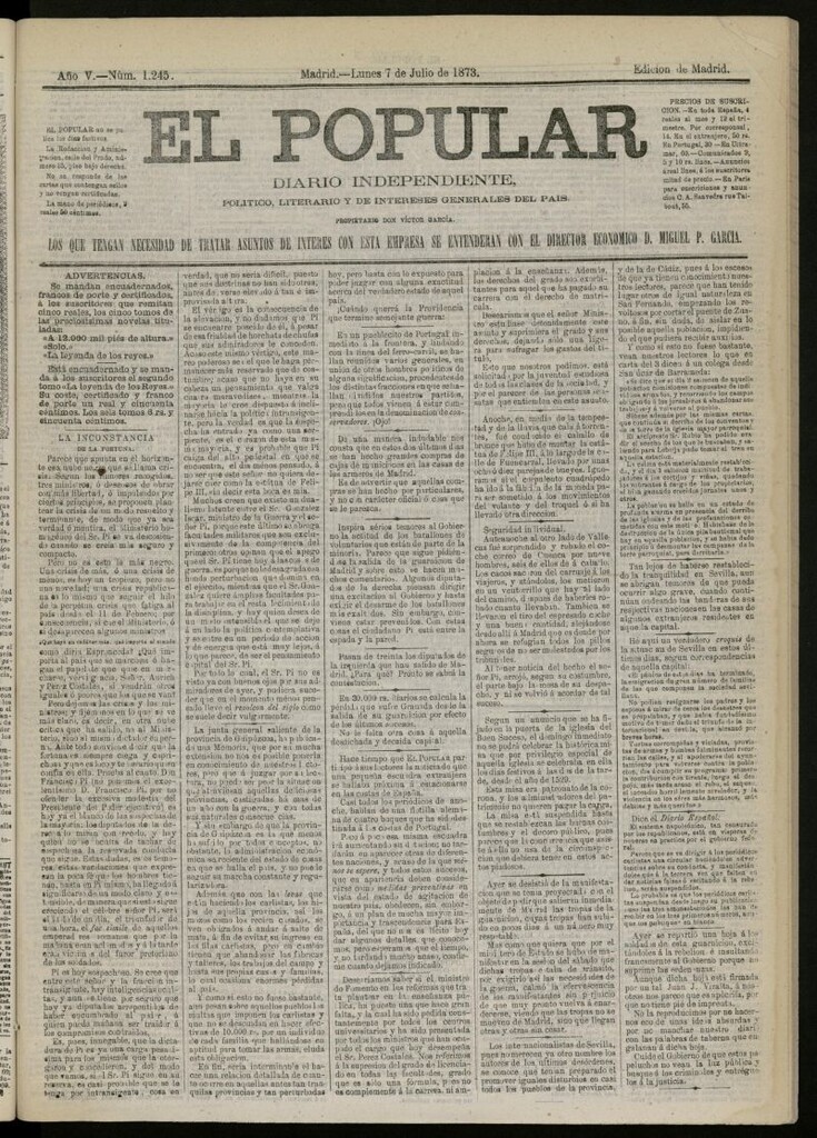 Miniatura de El Popular: diario independiente, político, literario y de noticias de interés general del 7 de julio de 1873, nº 1245