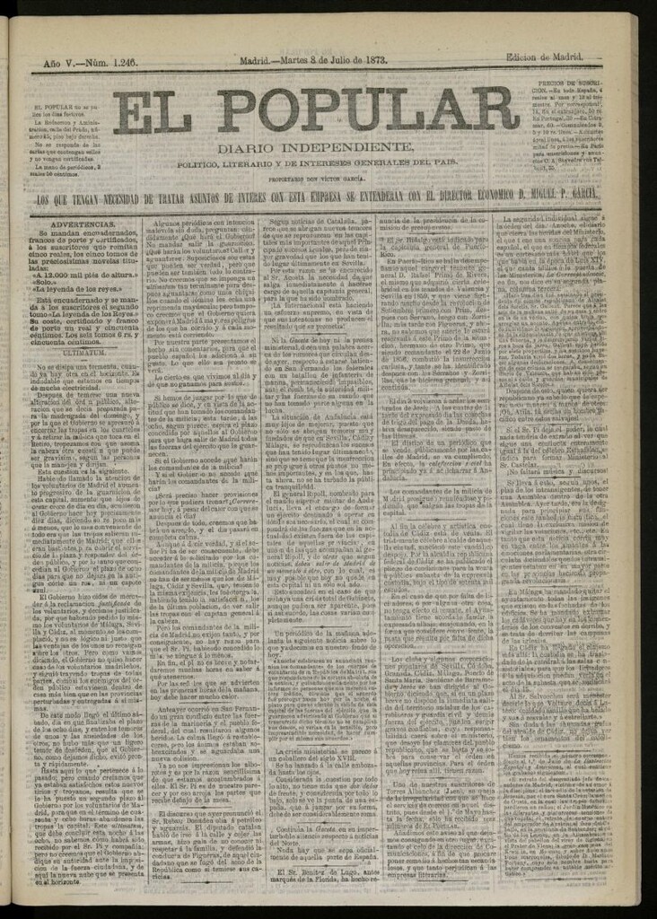 Miniatura de El Popular: diario independiente, político, literario y de noticias de interés general del 8 de julio de 1873, nº 1246