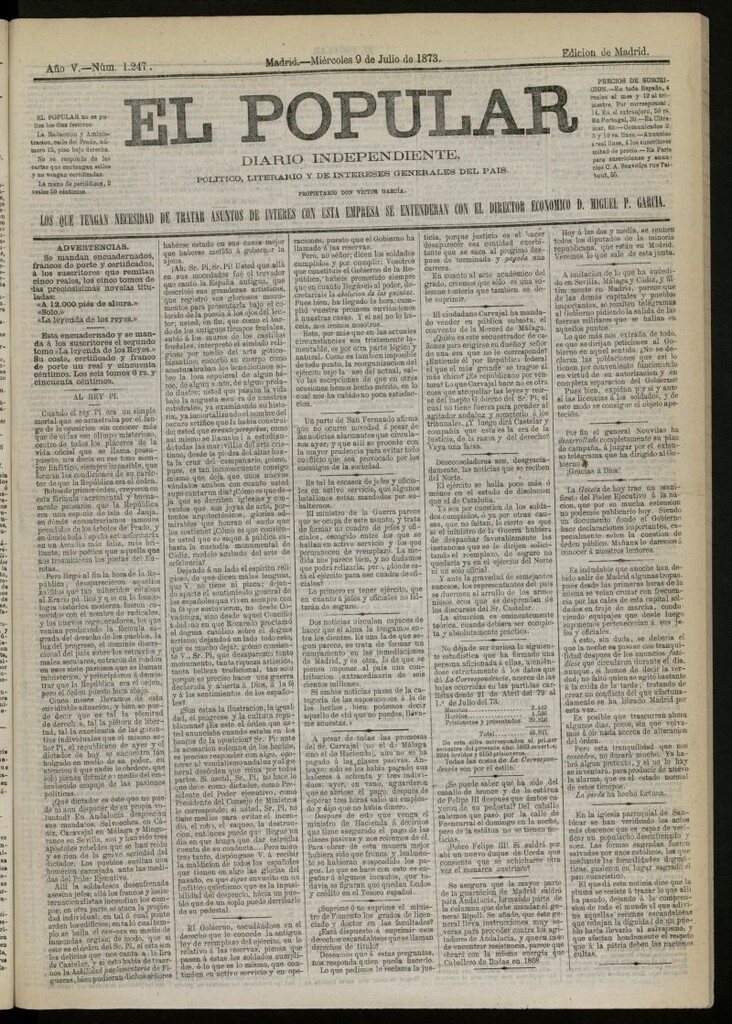 Miniatura de El Popular: diario independiente, político, literario y de noticias de interés general del 9 de julio de 1873, nº 1247