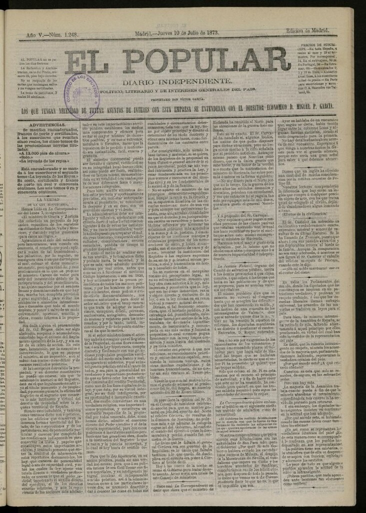 Miniatura de El Popular: diario independiente, político, literario y de noticias de interés general del 10 de julio de 1873, nº 1248