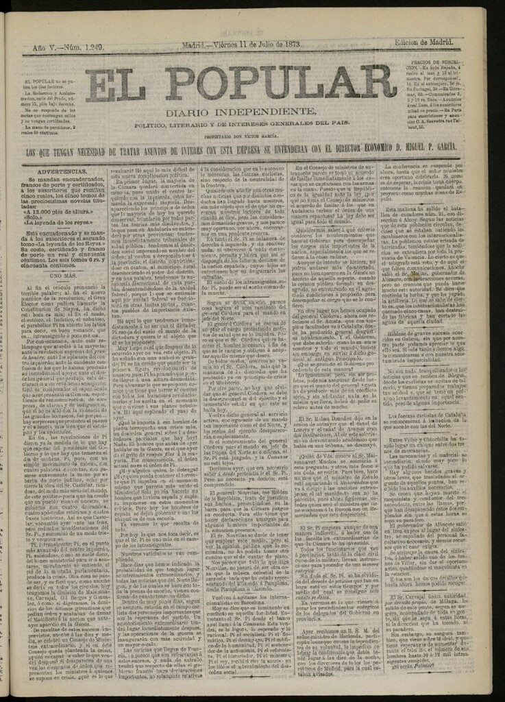 Miniatura de El Popular: diario independiente, político, literario y de noticias de interés general del 11 de julio de 1873, nº 1249