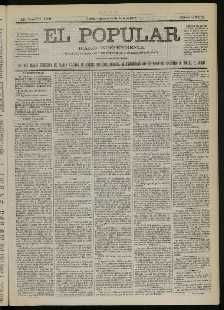 Miniatura de El Popular: diario independiente, político, literario y de noticias de interés general del 12 de julio de 1873, nº 1250