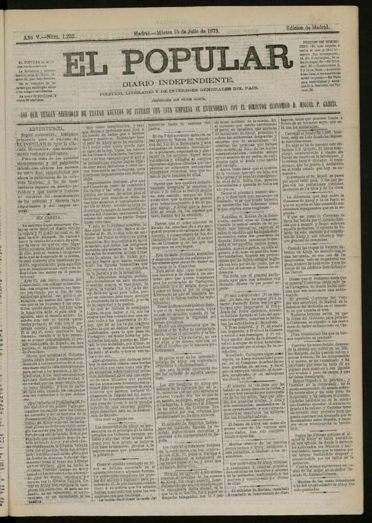 Miniatura de El Popular: diario independiente, político, literario y de noticias de interés general del 15 de julio de 1873, nº 1252