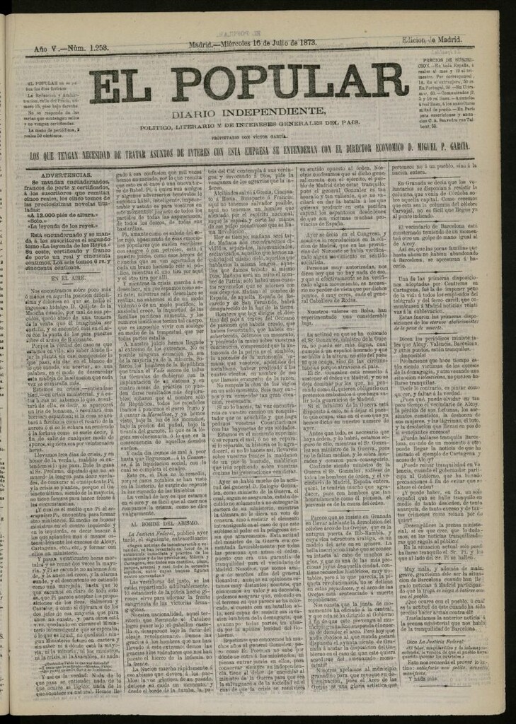 Miniatura de El Popular: diario independiente, político, literario y de noticias de interés general del 16 de julio de 1873, nº 1253