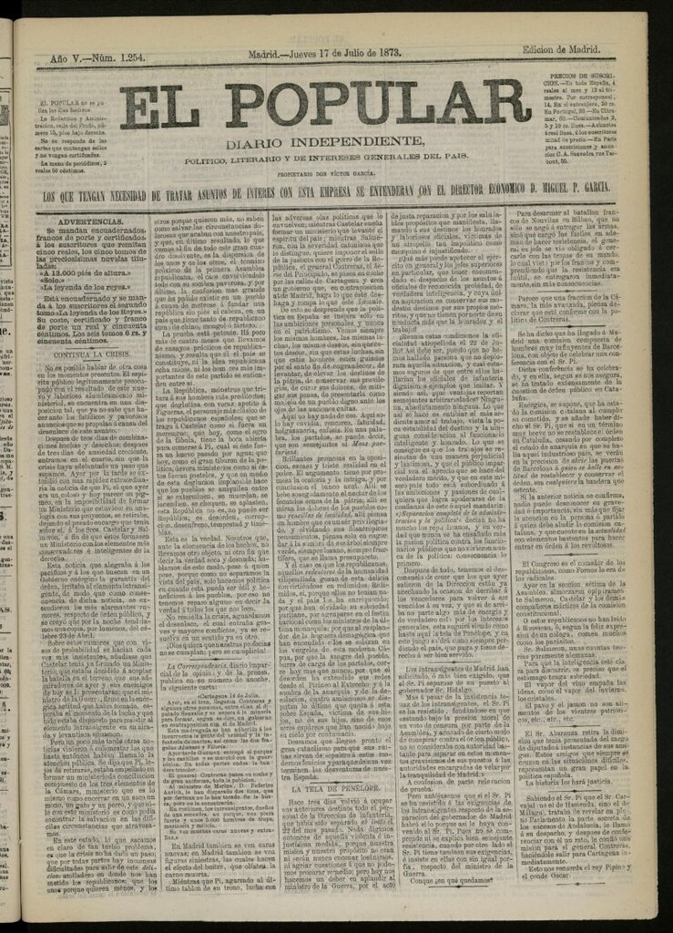 Miniatura de El Popular: diario independiente, político, literario y de noticias de interés general del 17 de julio de 1873, nº 1254