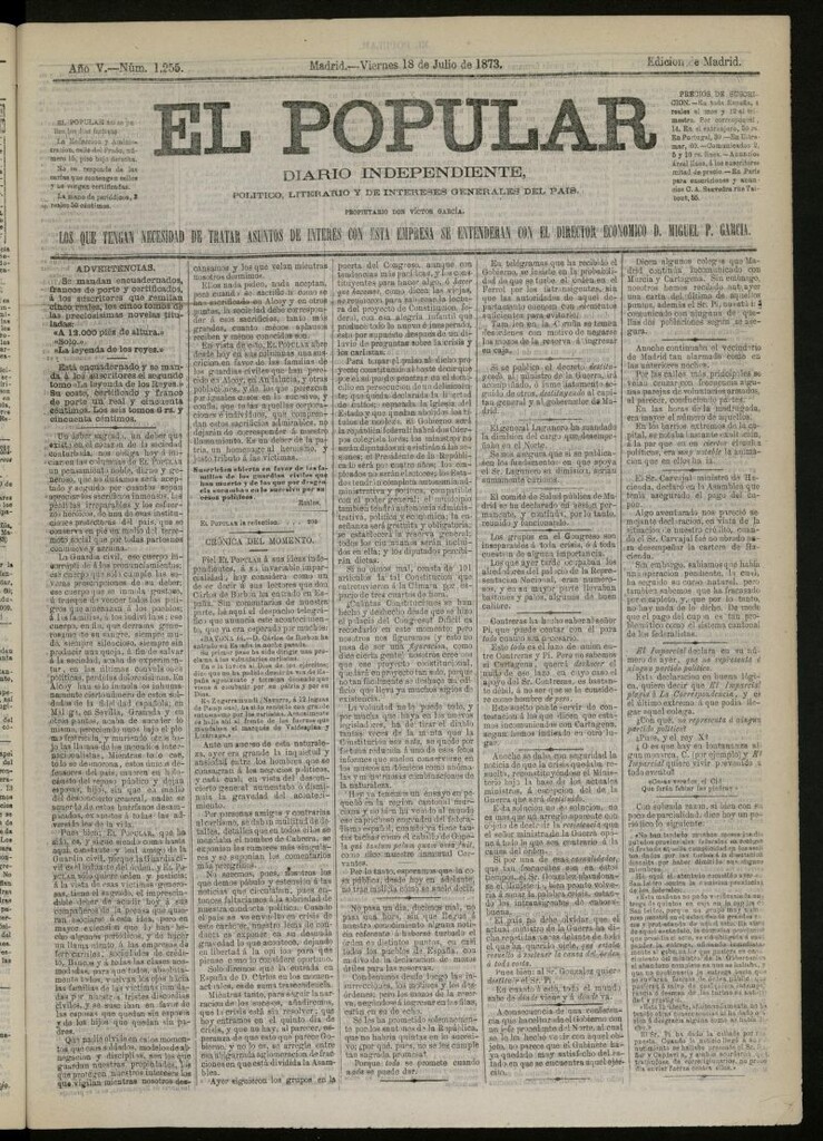Miniatura de El Popular: diario independiente, político, literario y de noticias de interés general del 18 de julio de 1873, nº 1255