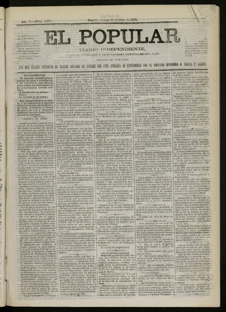 Miniatura de El Popular: diario independiente, político, literario y de noticias de interés general del 21 de julio de 1873, nº 1257