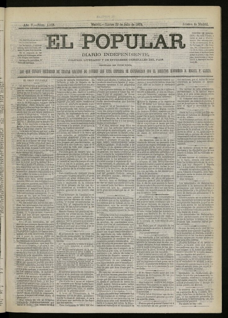 Miniatura de El Popular: diario independiente, político, literario y de noticias de interés general del 22 de julio de 1873, nº 1258