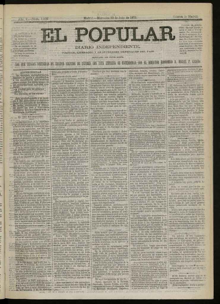 Miniatura de El Popular: diario independiente, político, literario y de noticias de interés general del 23 de julio de 1873, nº 1259