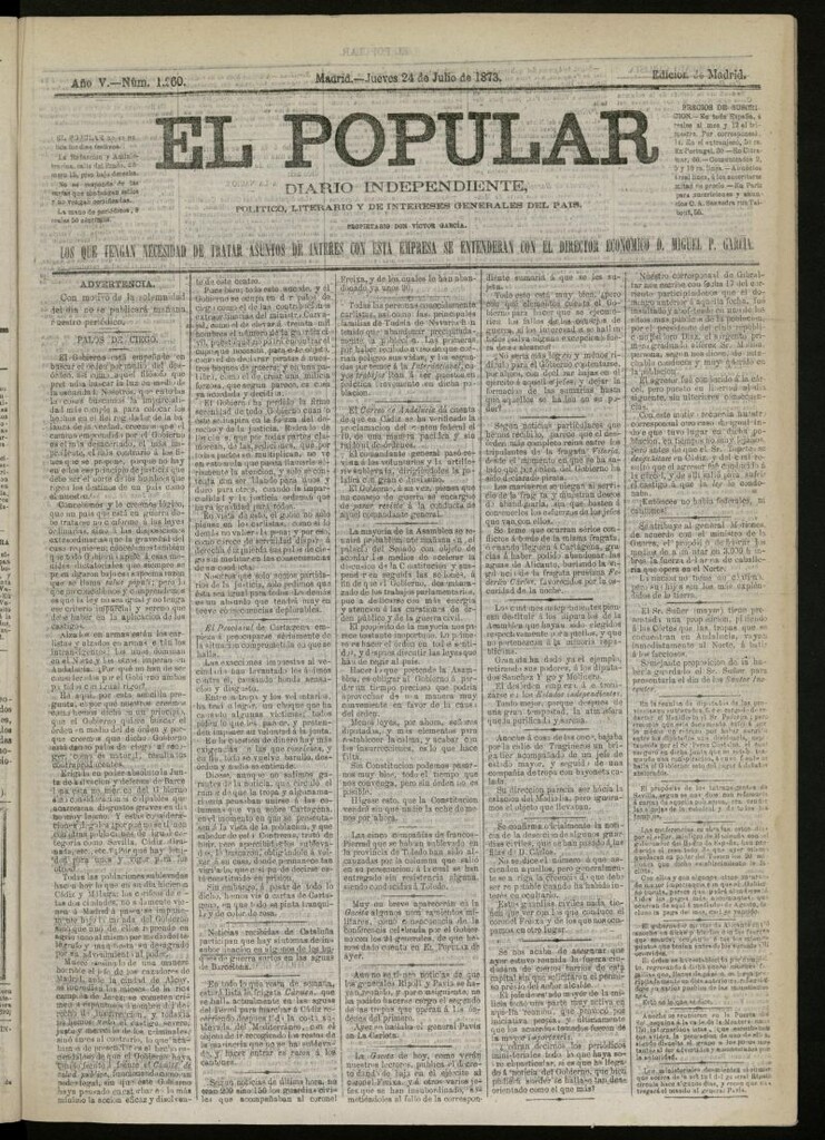 Miniatura de El Popular: diario independiente, político, literario y de noticias de interés general del 24 de julio de 1873, nº 1260
