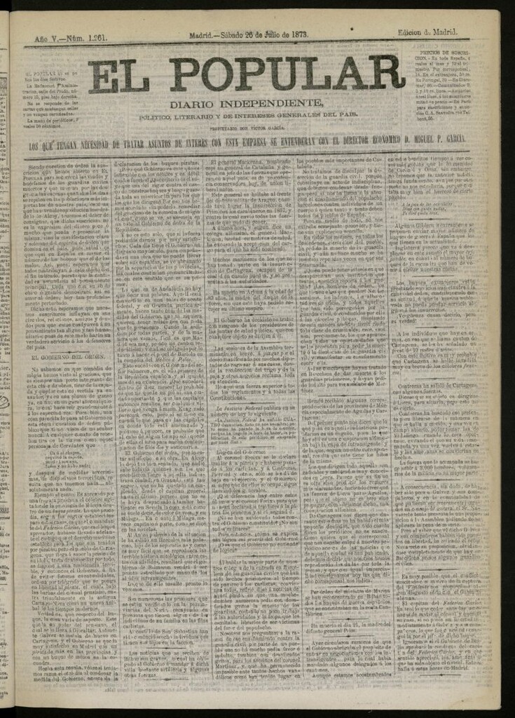 Miniatura de El Popular: diario independiente, político, literario y de noticias de interés general del 26 de julio de 1873, nº 1261