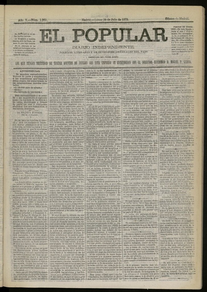 Miniatura de El Popular: diario independiente, político, literario y de noticias de interés general del 28 de julio de 1873, nº 1262