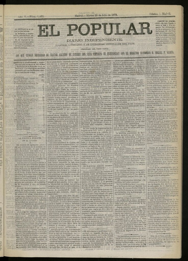 Miniatura de El Popular: diario independiente, político, literario y de noticias de interés general del 29 de julio de 1873, nº 1263