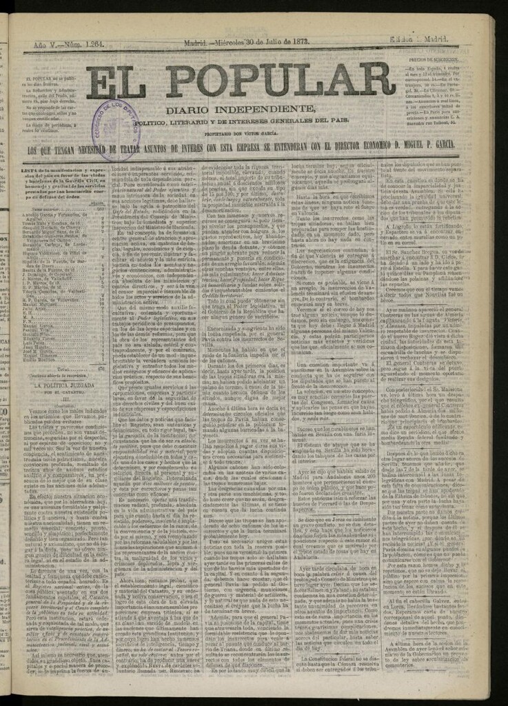 Miniatura de El Popular: diario independiente, político, literario y de noticias de interés general del 30 de julio de 1873, nº 1264