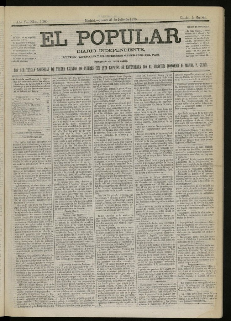 Miniatura de El Popular: diario independiente, político, literario y de noticias de interés general del 31 de julio de 1873, nº 1265