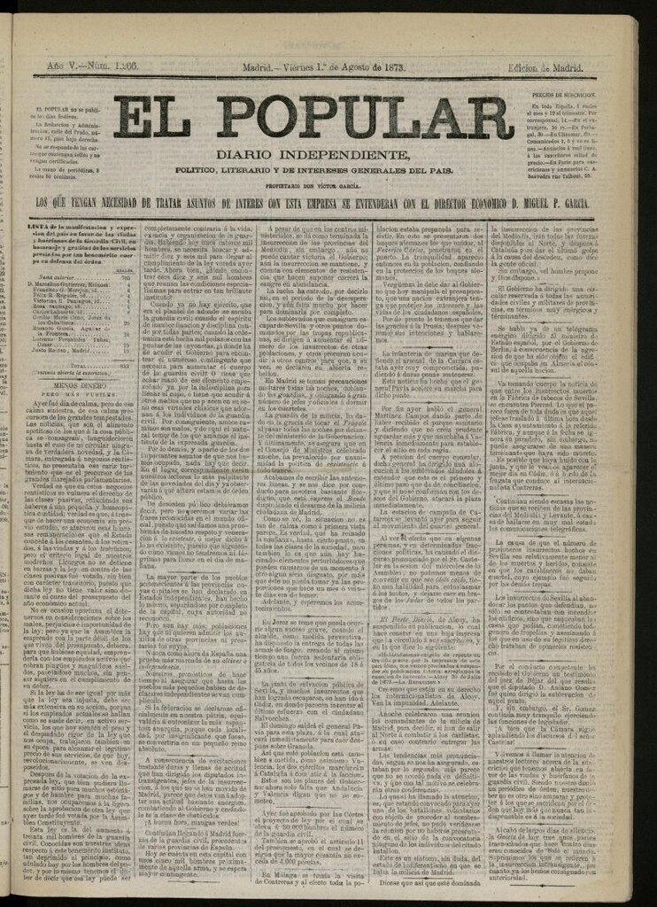 Miniatura de El Popular: diario independiente, político, literario y de noticias de interés general del 1 de agosto de 1873, nº 1266