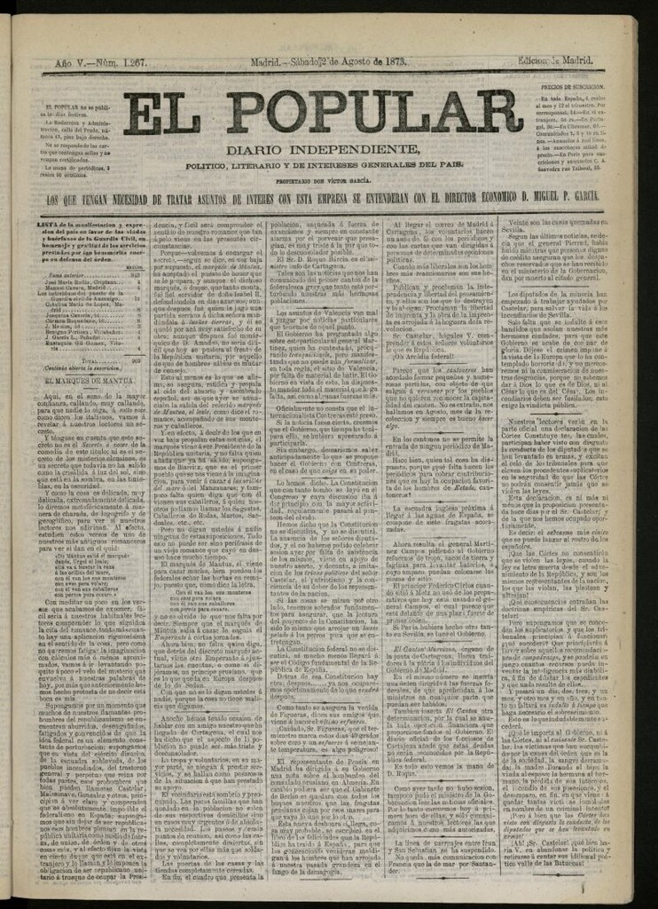 Miniatura de El Popular: diario independiente, político, literario y de noticias de interés general del 2 de agosto de 1873, nº 1267