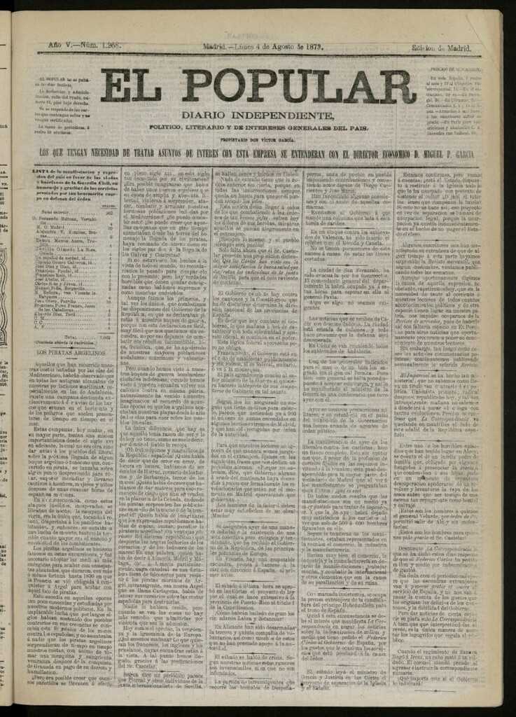 Miniatura de El Popular: diario independiente, político, literario y de noticias de interés general del 4 de agosto de 1873, nº 1268