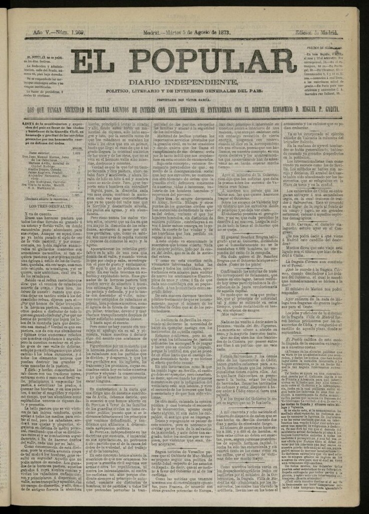 Miniatura de El Popular: diario independiente, político, literario y de noticias de interés general del 5 de agosto de 1873, nº 1269