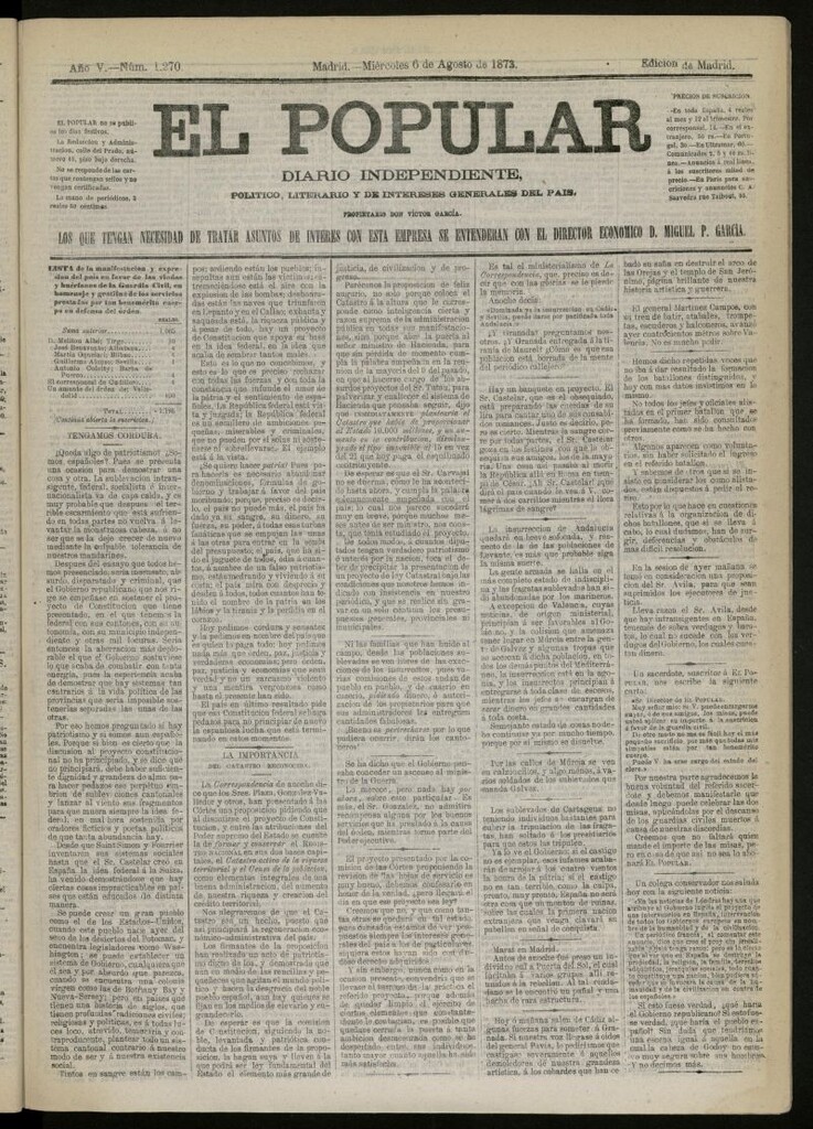 Miniatura de El Popular: diario independiente, político, literario y de noticias de interés general del 6 de agosto de 1873, nº 1270