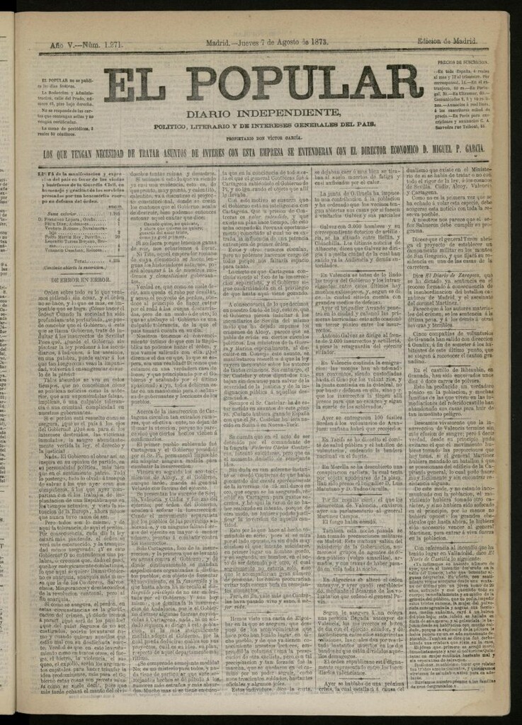 Miniatura de El Popular: diario independiente, político, literario y de noticias de interés general del 7 de agosto de 1873, nº 1271