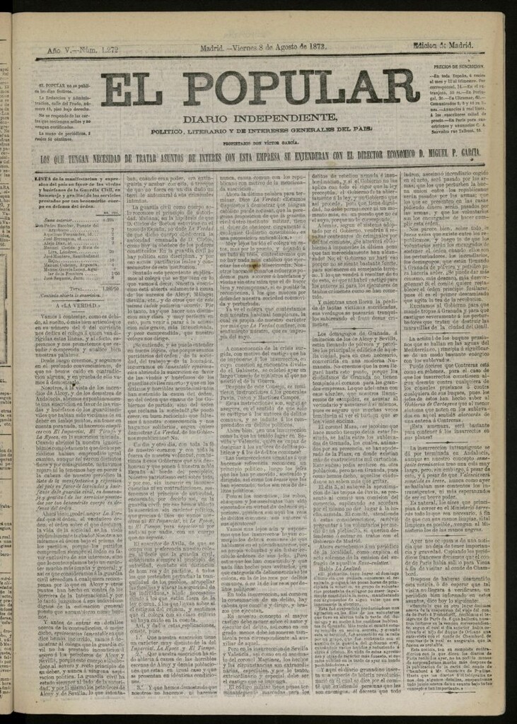 Miniatura de El Popular: diario independiente, político, literario y de noticias de interés general del 8 de agosto de 1873, nº 1272