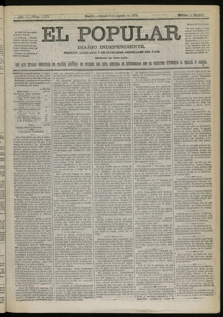Miniatura de El Popular: diario independiente, político, literario y de noticias de interés general del 9 de agosto de 1873, nº 1273