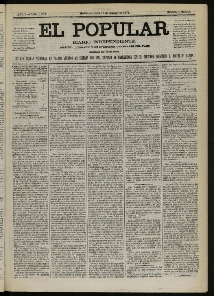 Miniatura de El Popular: diario independiente, político, literario y de noticias de interés general del 11 de agosto de 1873, nº 1274