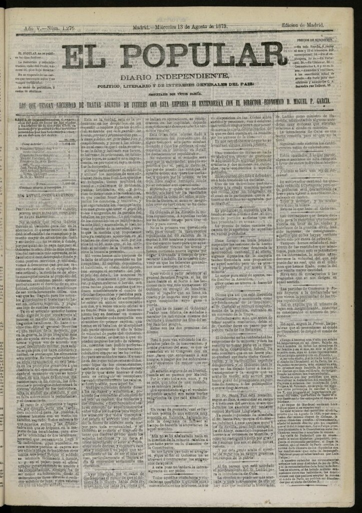 Miniatura de El Popular: diario independiente, político, literario y de noticias de interés general del 13 de agosto de 1873, nº 1276