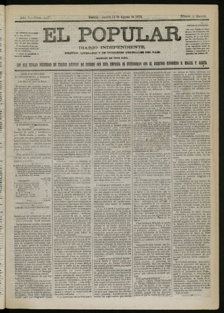 Miniatura de El Popular: diario independiente, político, literario y de noticias de interés general del 14 de agosto de 1873, nº 1277